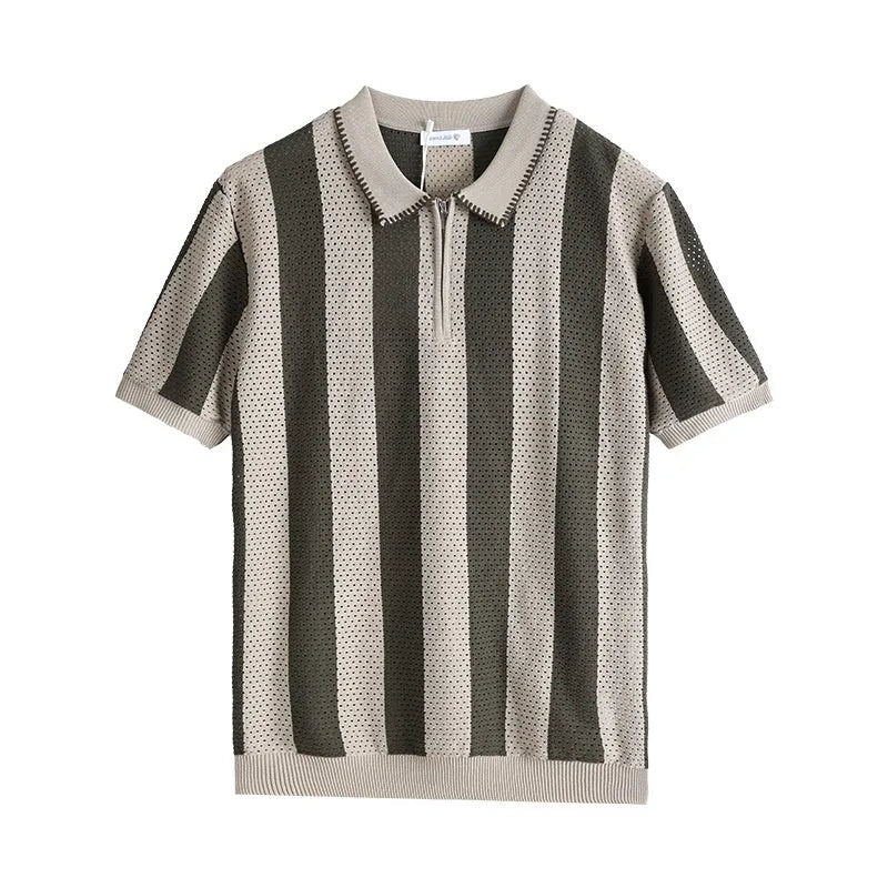 Men's striped short sleeve summer sweater in ice silk fabric with zipper decoration