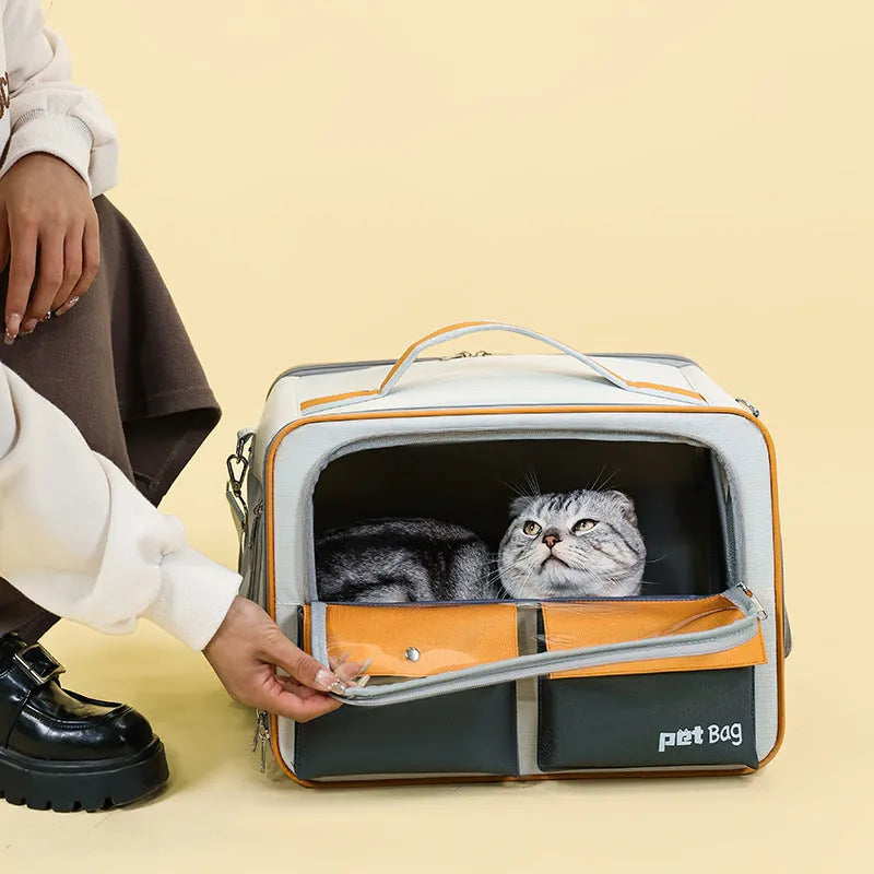 Portable nylon outdoor cat backpack in brown colour with foldable design laid flat