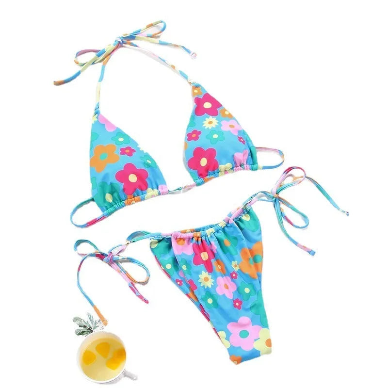 Women's polka dot print split swimsuit bikini set in brown and orange gradient patterns with polyester lining