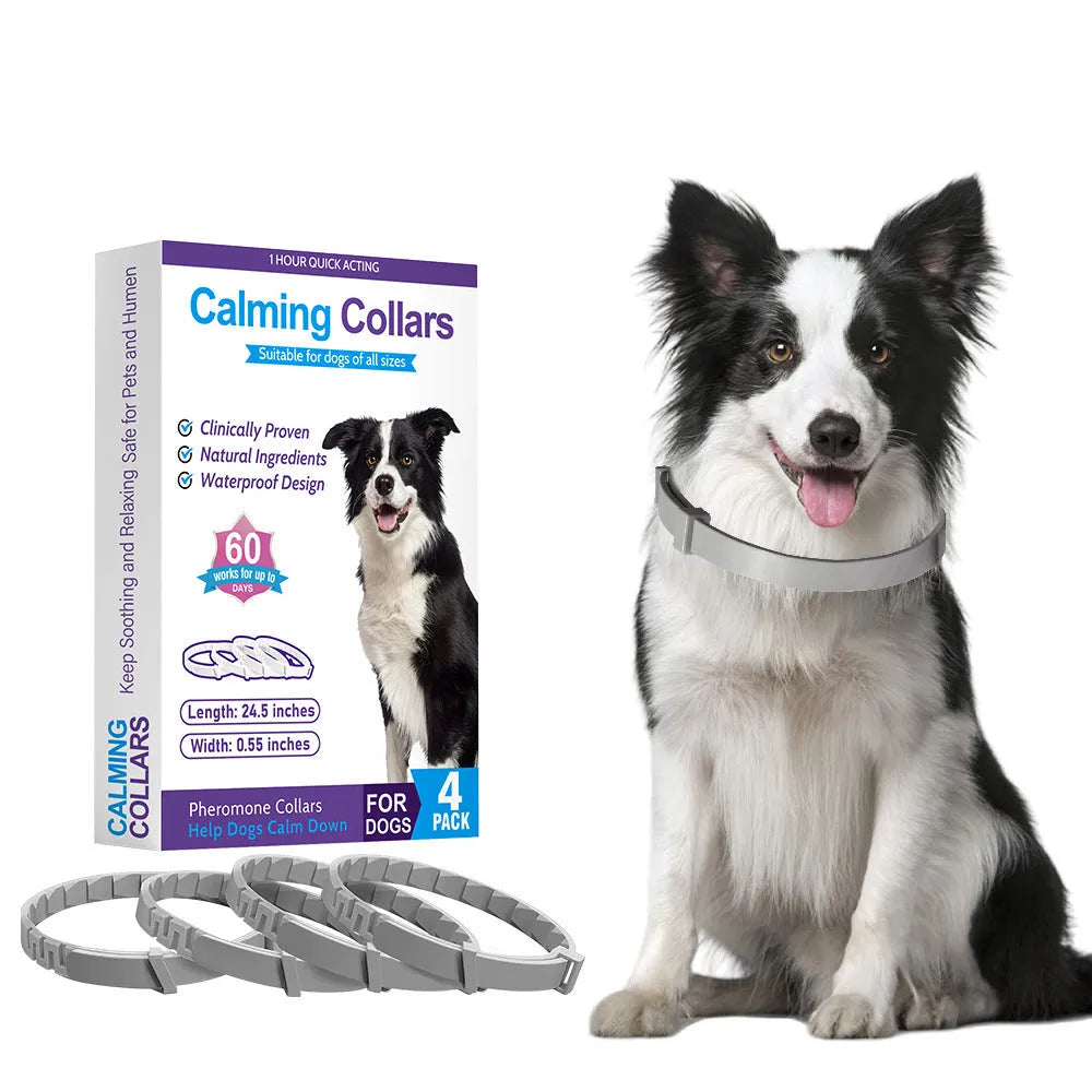 Four dog calming collars in assorted colours with adjustable 62cm length and TPR material