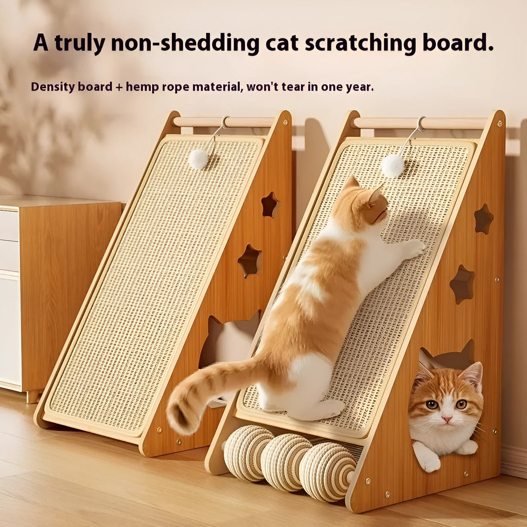 Vertical wall-mounted cat scratch board with sisal rope and cat funny ball design