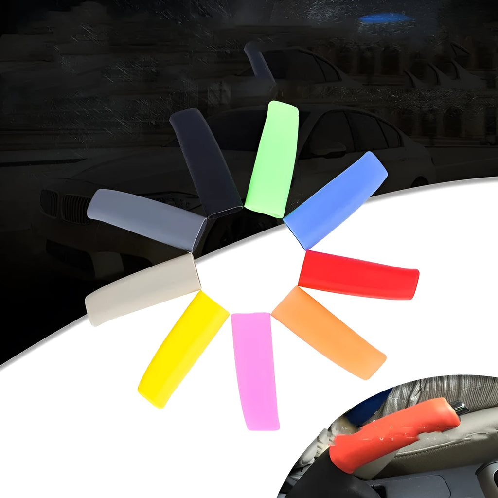 Universal silicone handbrake sleeve in black, grey, beige, red, and blue colour options.