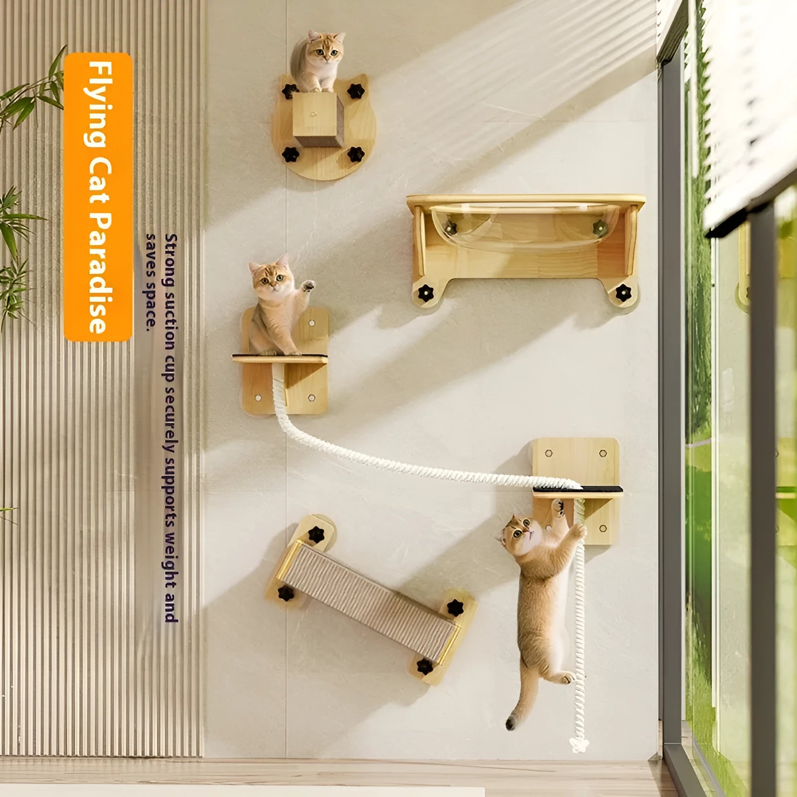 Space capsule suspended cat scratching post mounted on wall with sisal scratching surface