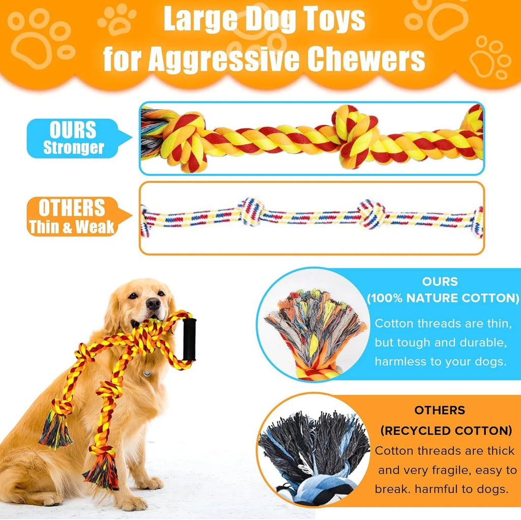 Blue and yellow heavy-duty cotton rope tug toy for large dogs with a sturdy handle.