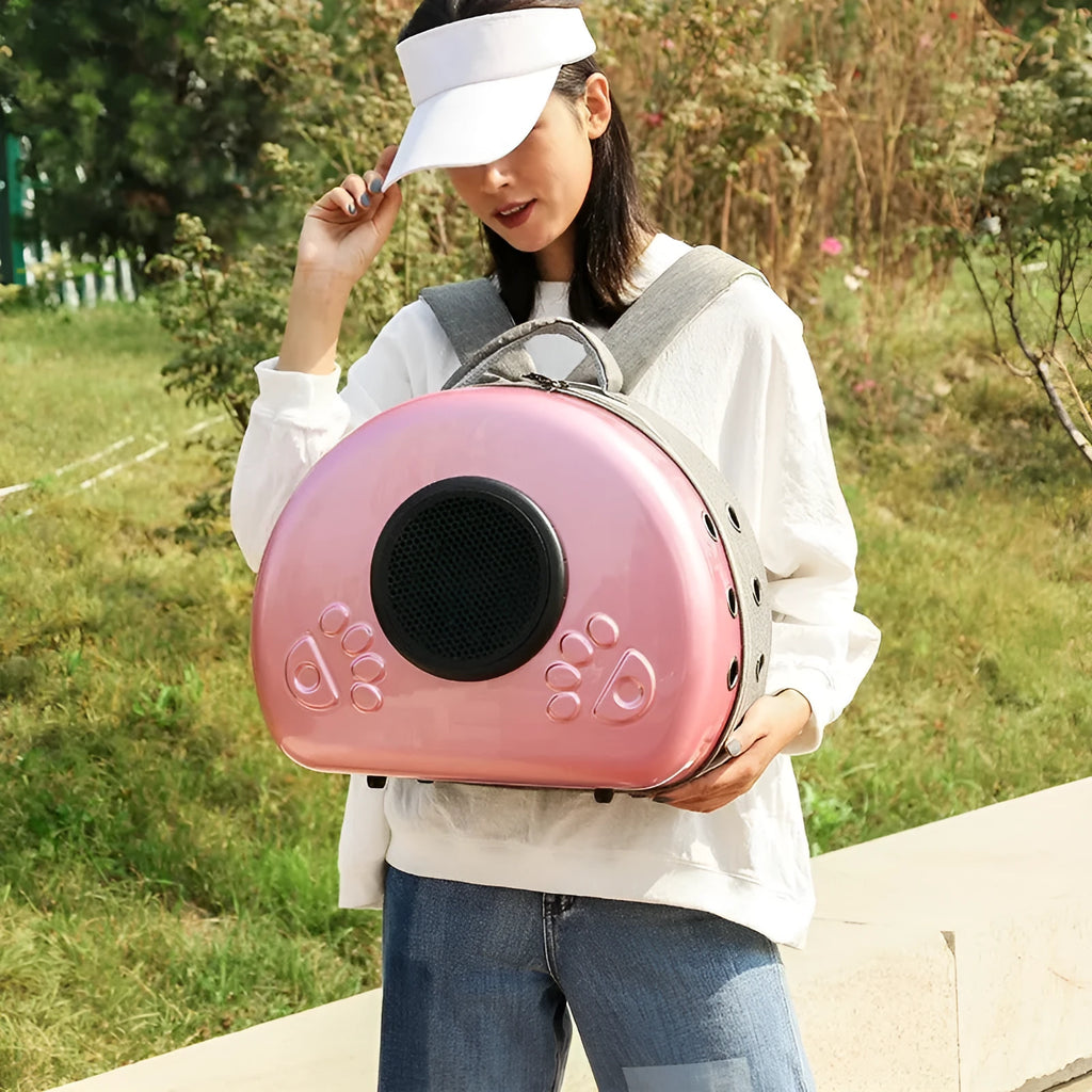 Transparent space capsule design cat carrier backpack with mesh panels in a metallic colour