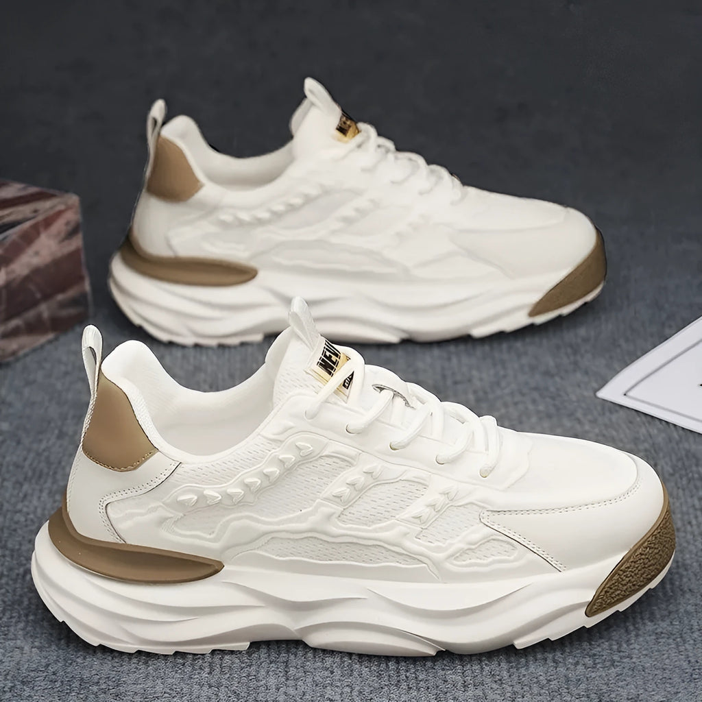 Men's white and black breathable PU mesh casual trainers with round toe.