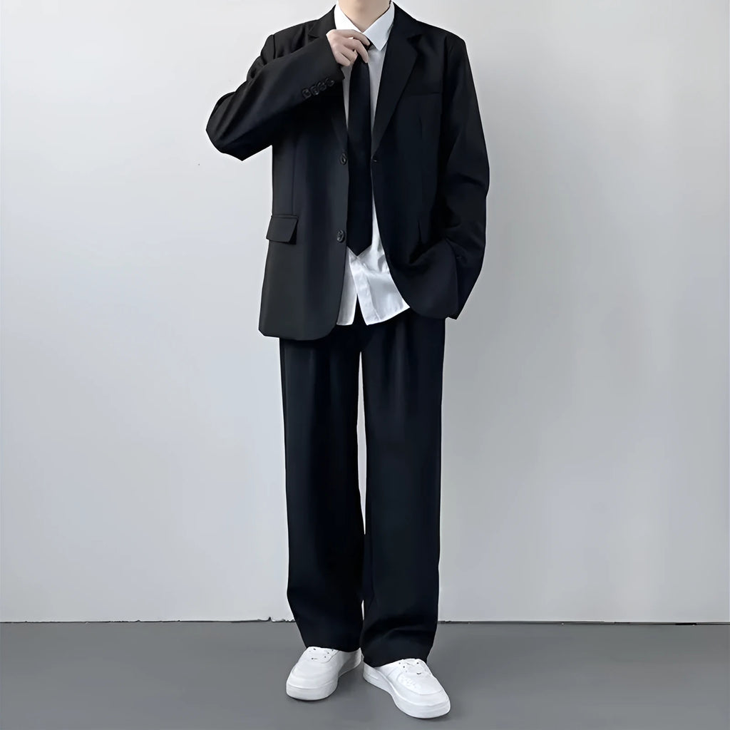 Men's plus size loose fit polyester suit jacket set with white shirt and tie for spring autumn formal wear