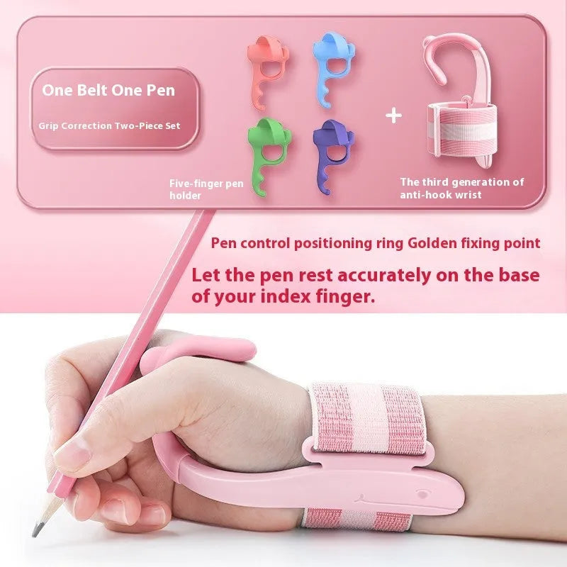 Blue Anti-hook Holder Pen Control Corrector wrist brace for pen grip correction.