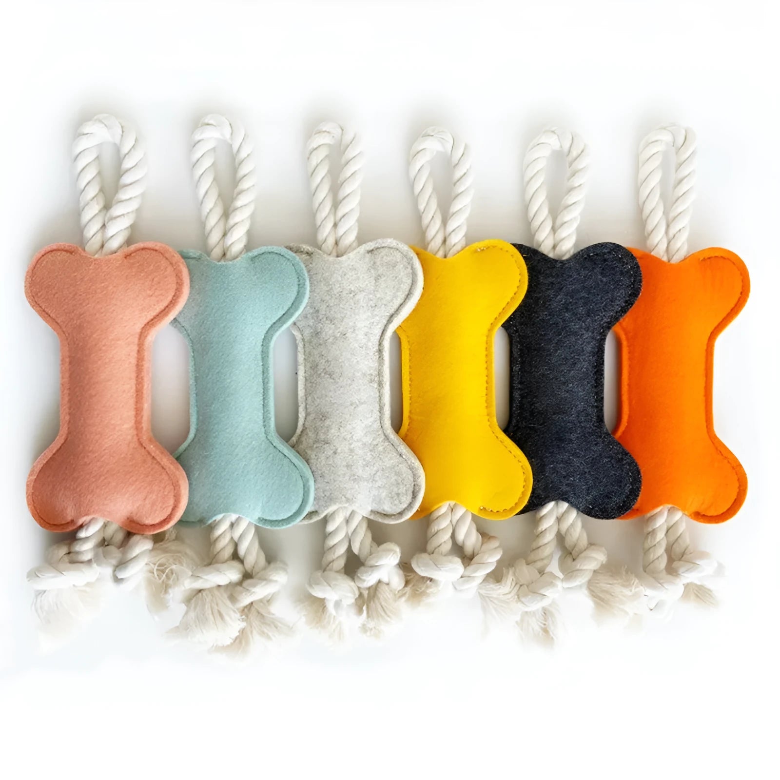 Bone-shaped dog training toy with rope knot texture in blue colour showing 16cm length