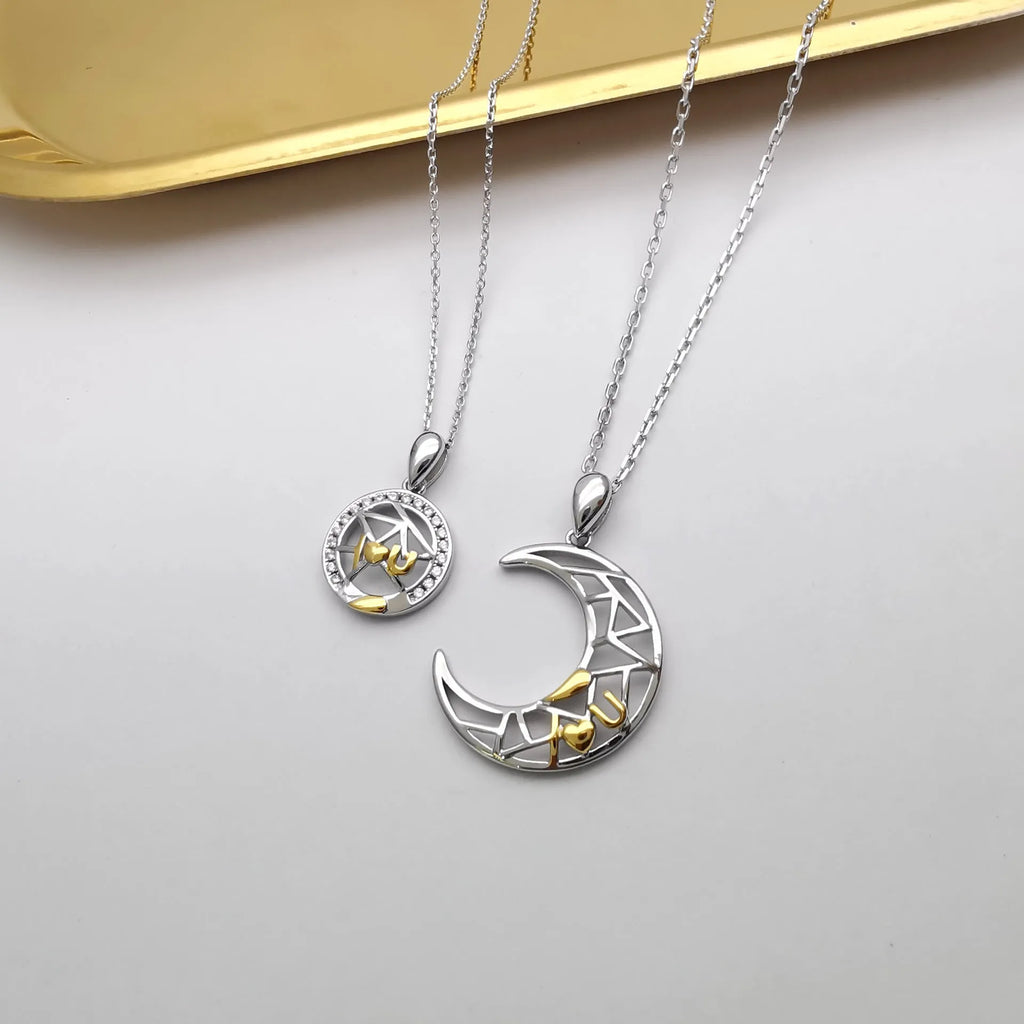 Copper sun and moon couple necklace with electroplated finish on cross chain