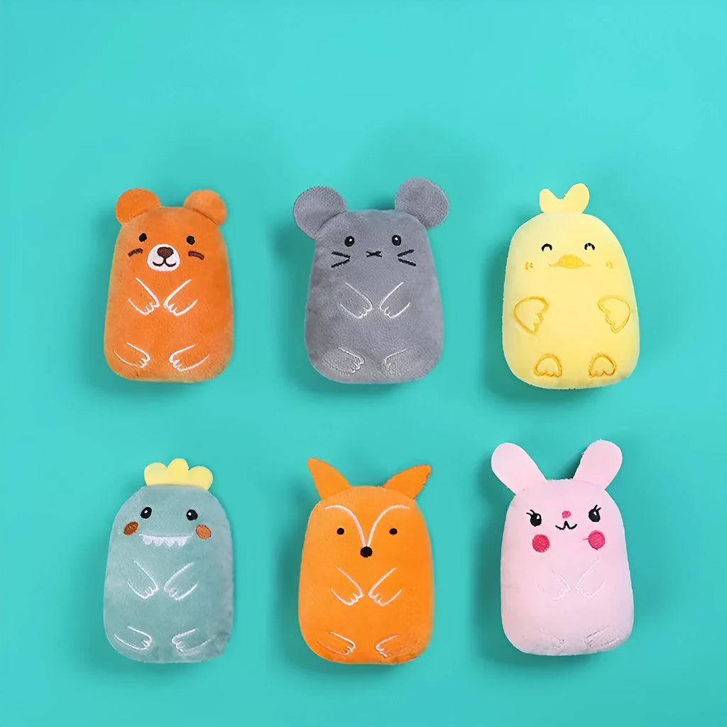 Four small plush cat chewing toys with catnip and squeakers for teeth grinding play
