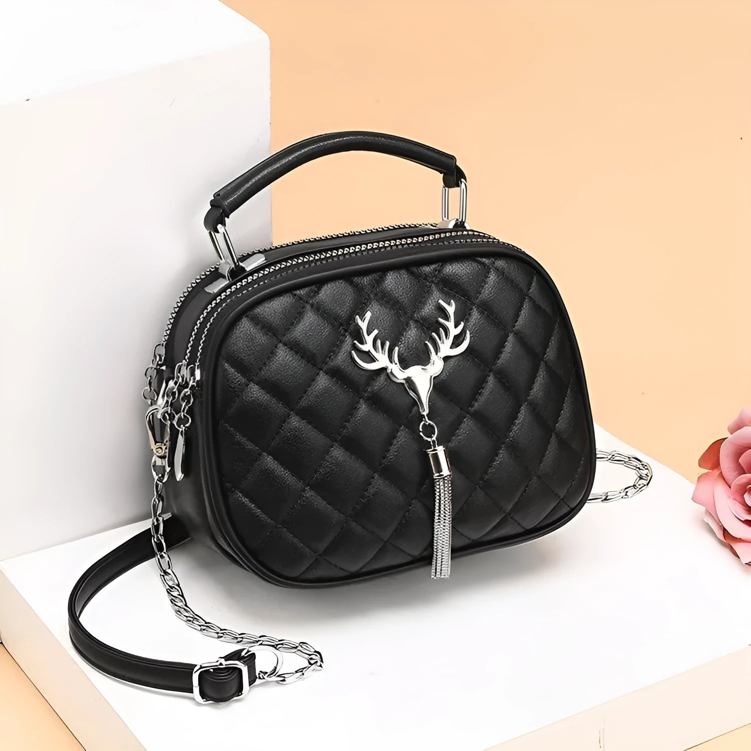One-shoulder large capacity PU handbag in Deer Black with chain detail, horizontal square shape, 20 cm length