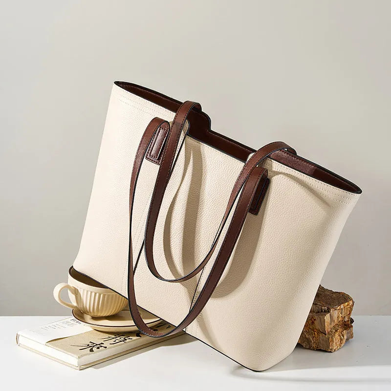 Women's black genuine leather large capacity shoulder bag with organised internal compartments