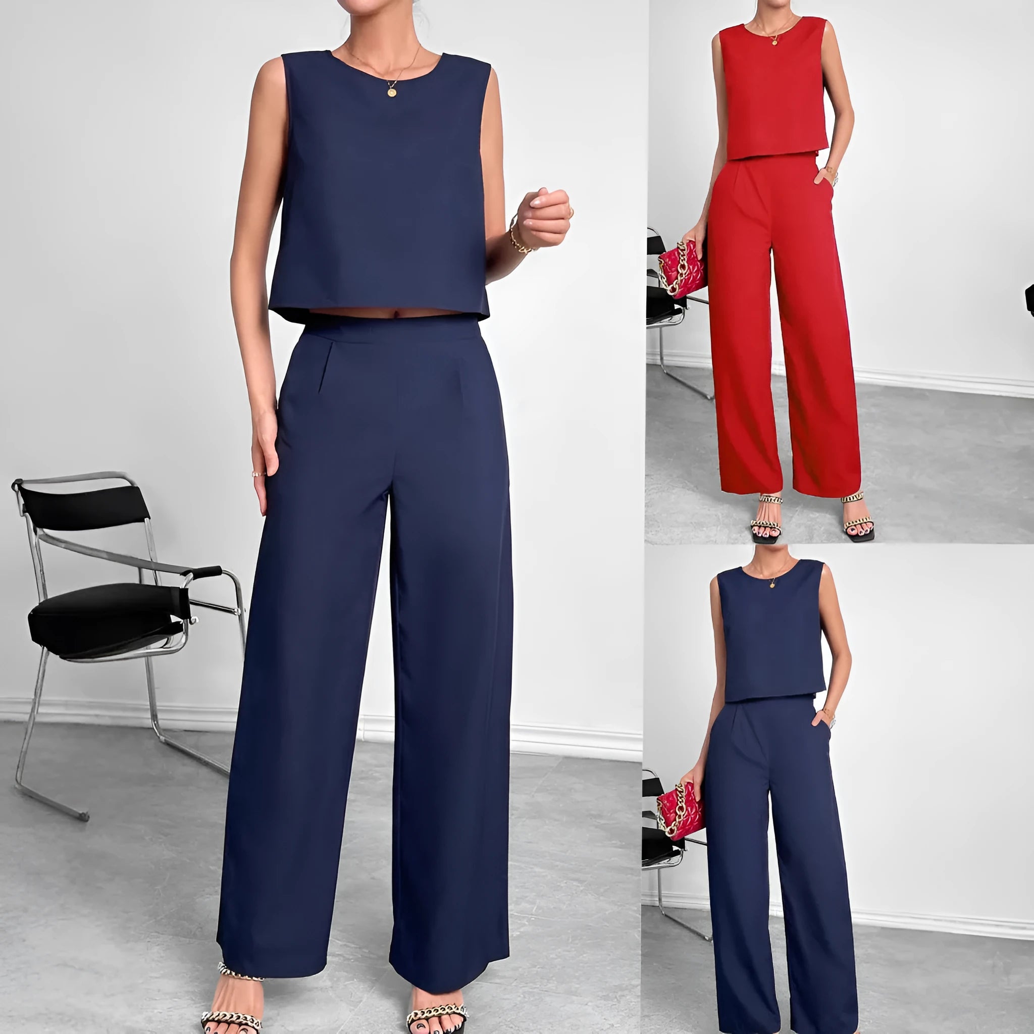 Red women's sleeveless top and wide leg trousers two-piece co-ord set on a hanger