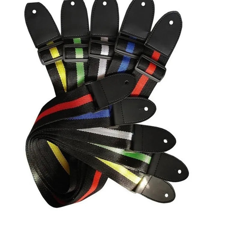 Woven crossbody instrument strap for guitars and ukuleles shown in multiple colour options.