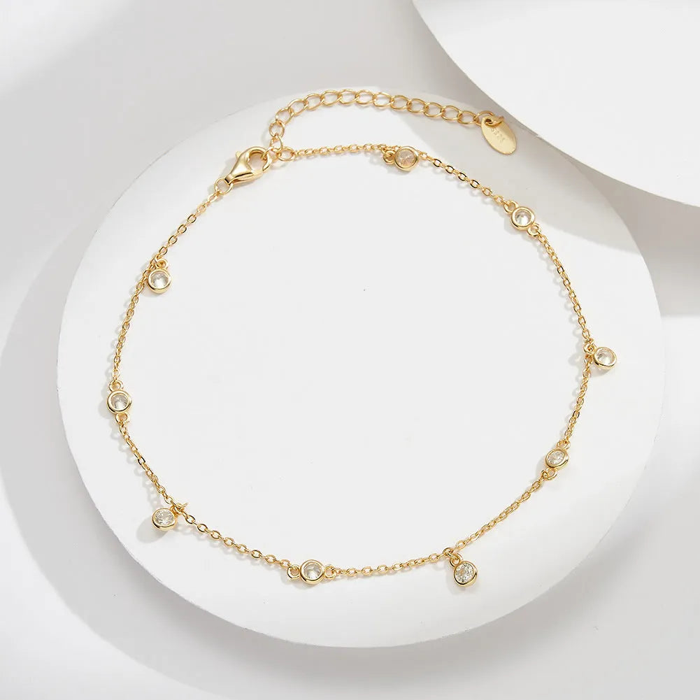 Women's geometric zirconium crystal anklet in gold or white gold plating on silver chain