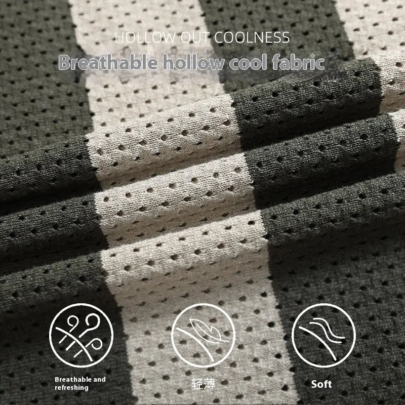 Men's striped short sleeve summer sweater in ice silk fabric with zipper decoration