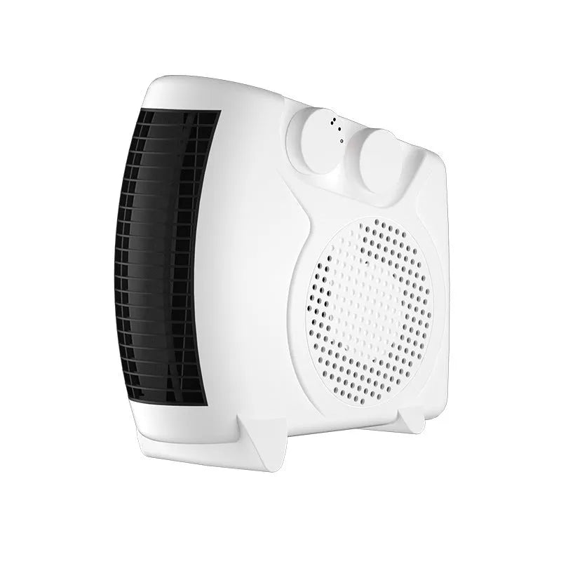 Small white electric heater with compact dimensions for desktop or home office heating
