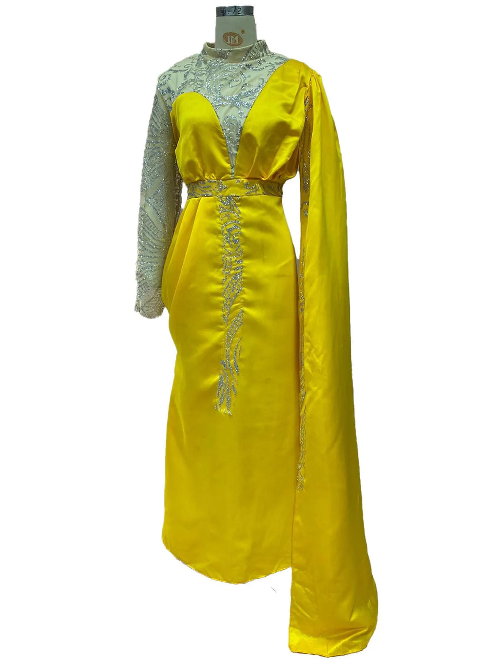 Women's long sleeve high waist swing dress in yellow with oblique shoulder and sequins