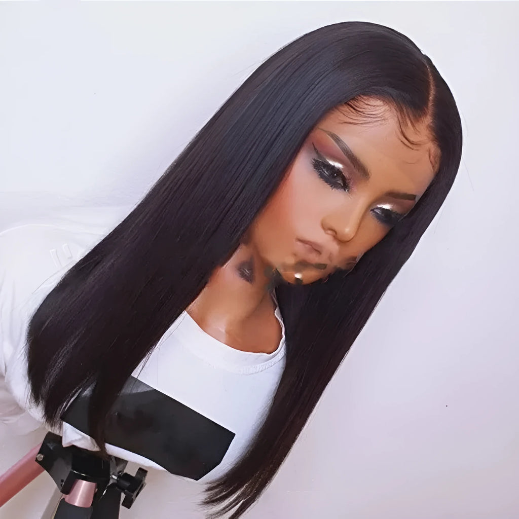Women's front lace wig medium long straight black hair fully hand-woven on mannequin