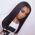 Women's front lace wig medium long straight black hair fully hand-woven on mannequin