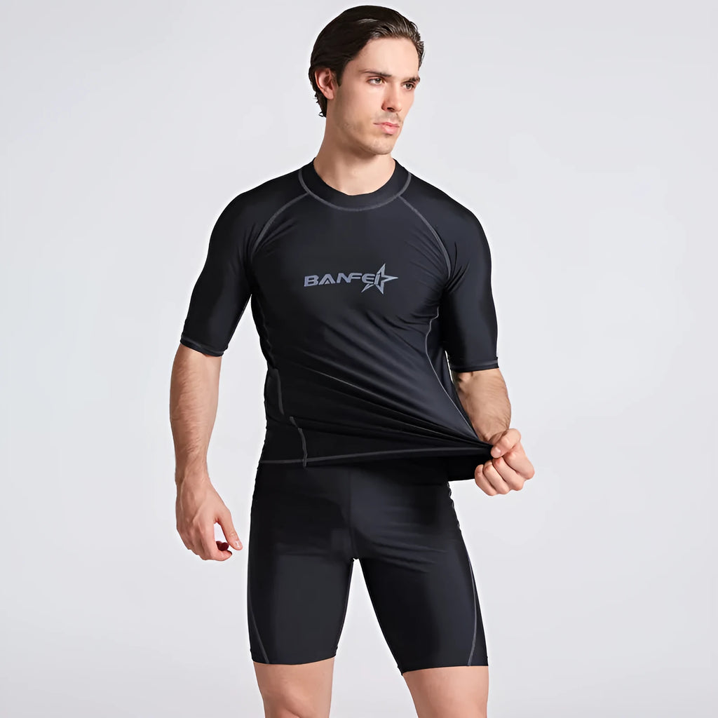 Men's blue quick-drying nylon swim set with half-sleeve top and matching swim pants on a mannequin.