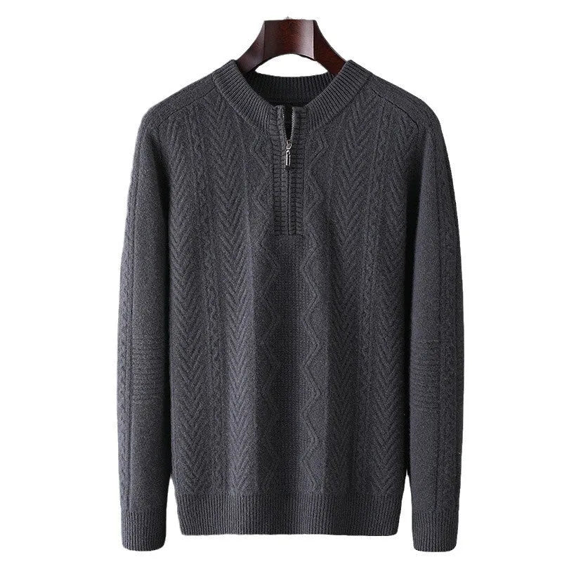 Men's loose-fit pure wool sweater with diamond lattice pattern and half-zip front in dark camel colour.