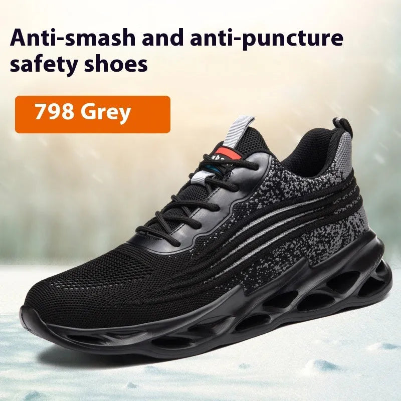 Lightweight brown leather safety work shoes with anti-smash and puncture-resistant sole.