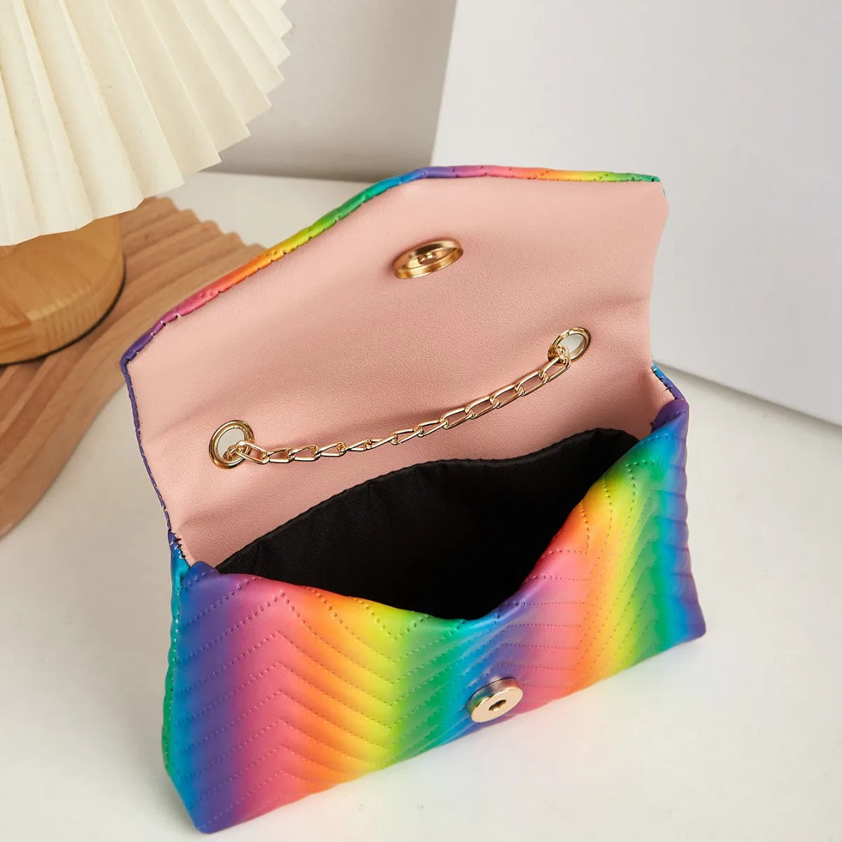Soft PU clamshell bag with contrast colour pattern and single shoulder strap
