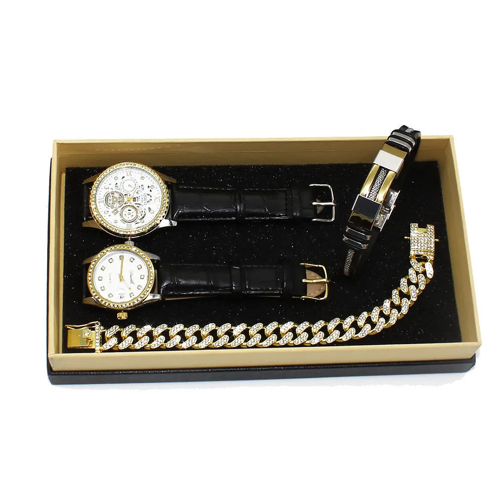 Black plate men's and women's couple watch set with metal bracelets in gift box