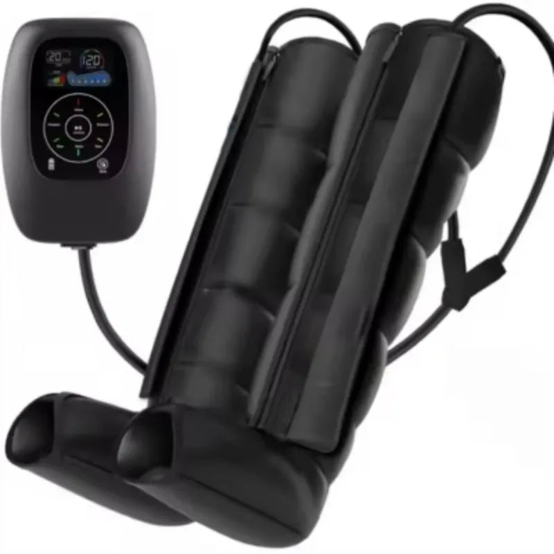 Air compression massager set with remote control, leg units in three sizes, and arm and waist units.