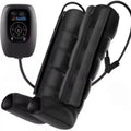 Air compression massager set with remote control, leg units in three sizes, and arm and waist units.