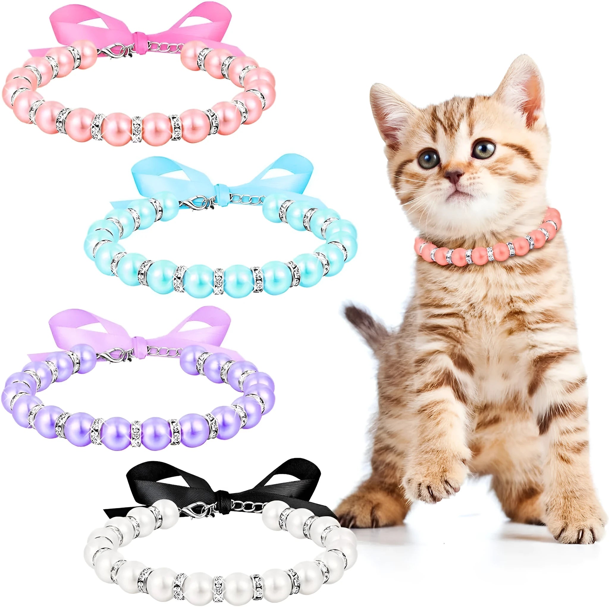 Small dog wearing a blue adjustable pearl and rhinestone necklace collar with a ribbon bow.