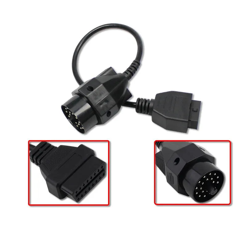 BMW OBD2 diagnostic adapter cable showing 20-pin connector and standard 16-pin OBD2 connector