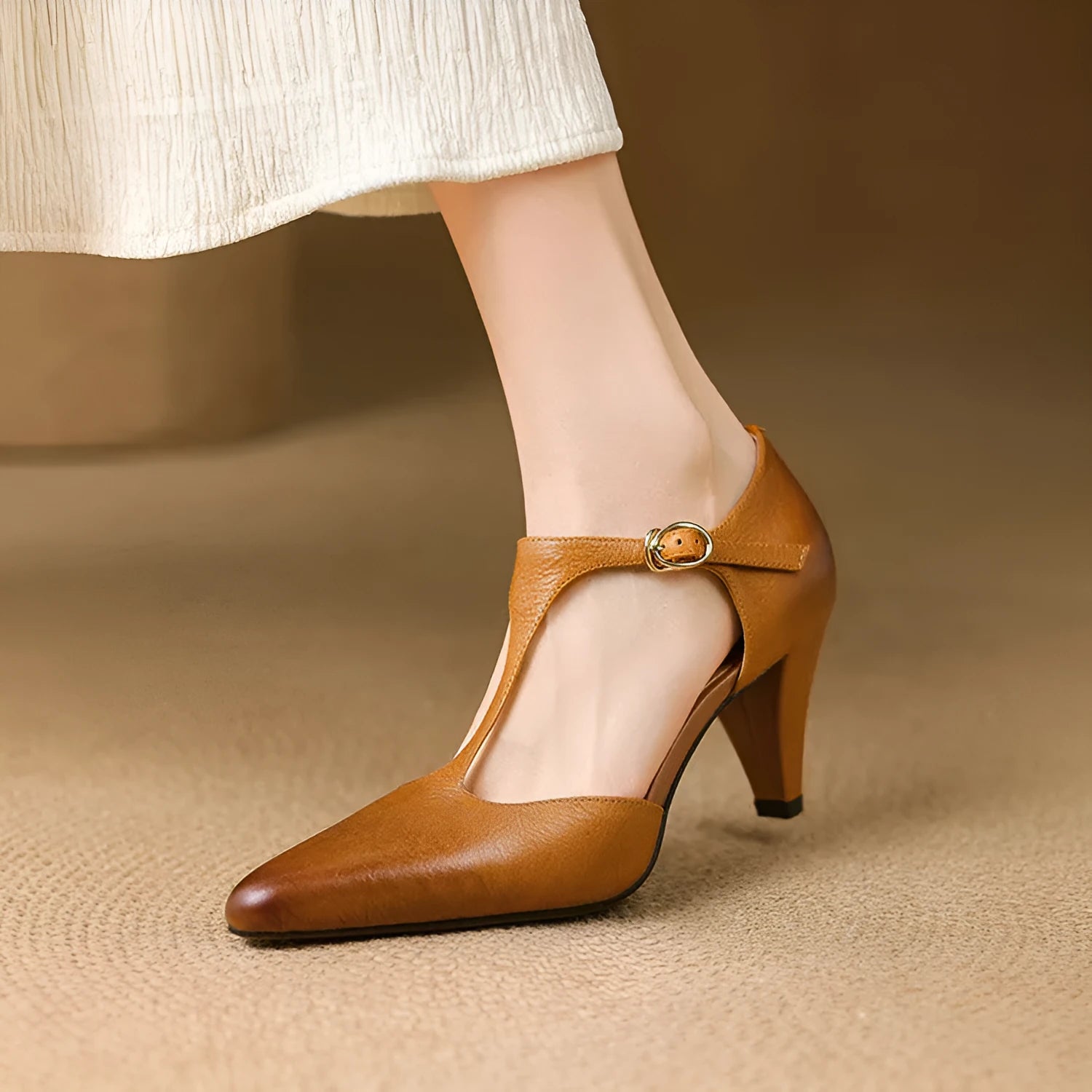 Brown retro women's sandals with T-strap buckle, closed toe, and a short stout high heel.