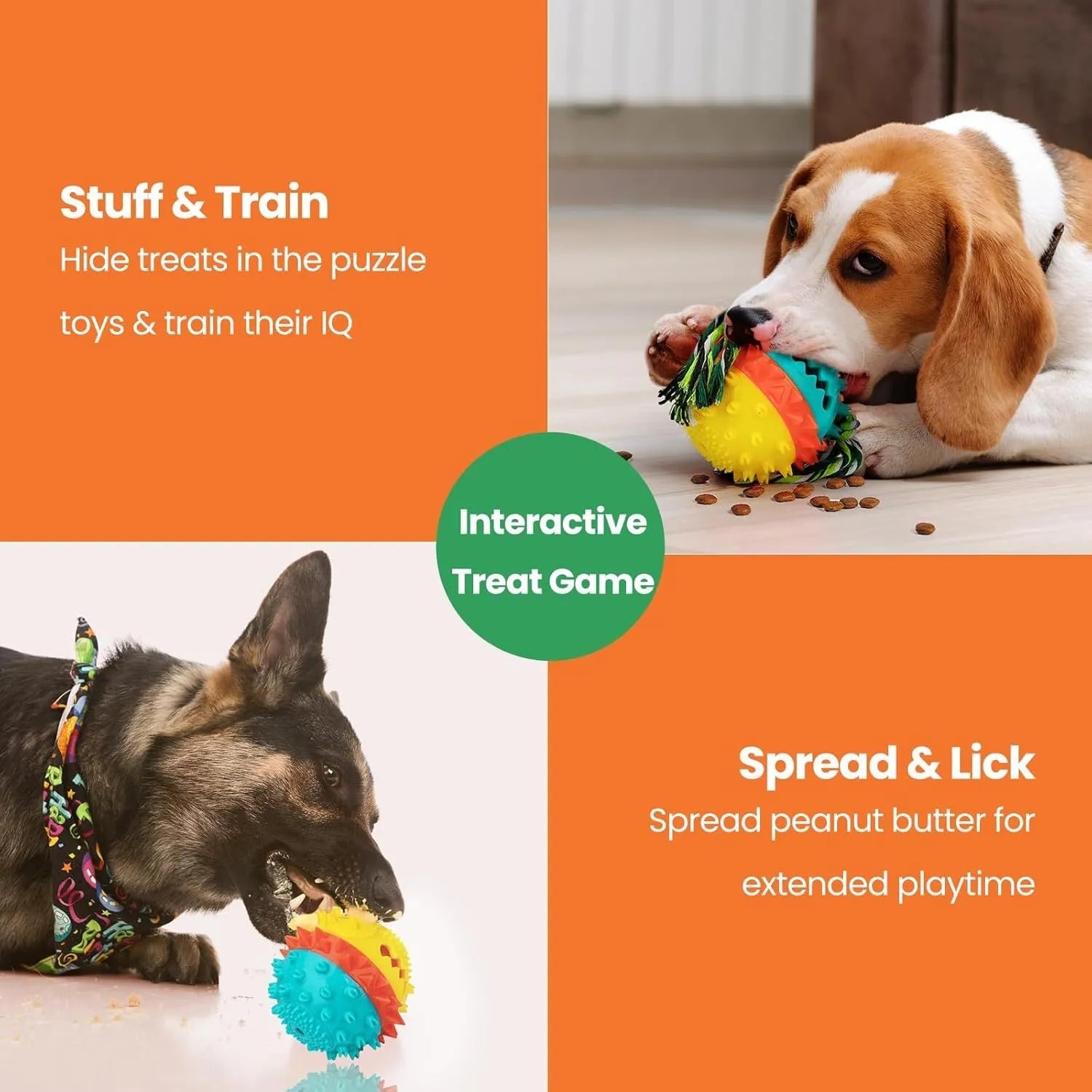 Blue and red squeaky dog chew toy with treat dispenser hole, shown next to a dog.