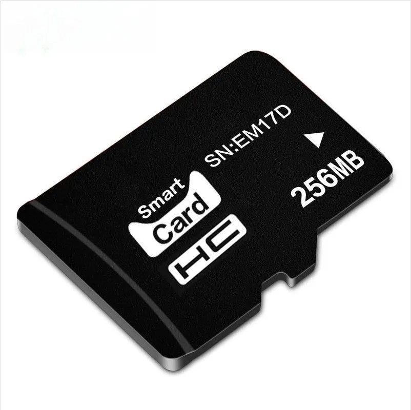 256MB TF memory card with packaging, shown next to compatible devices like an MP3 player and camera.