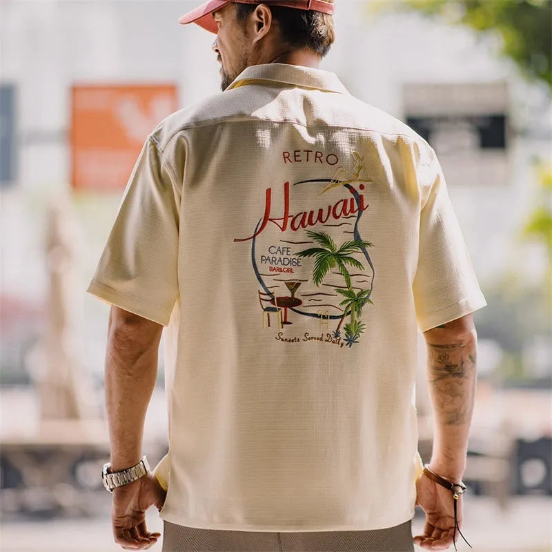 Men's light apricot Cuban collar shirt with bamboo plant pattern detail