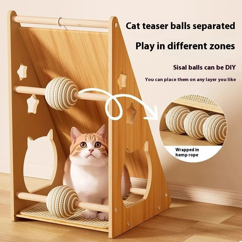 Vertical wall-mounted cat scratch board with sisal rope and cat funny ball design