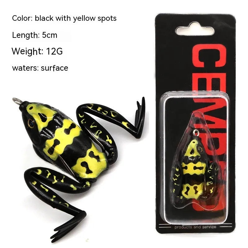Bionic Real Thunder Frog Snake Head double hook fishing lure in grass green and black yellow dots colours