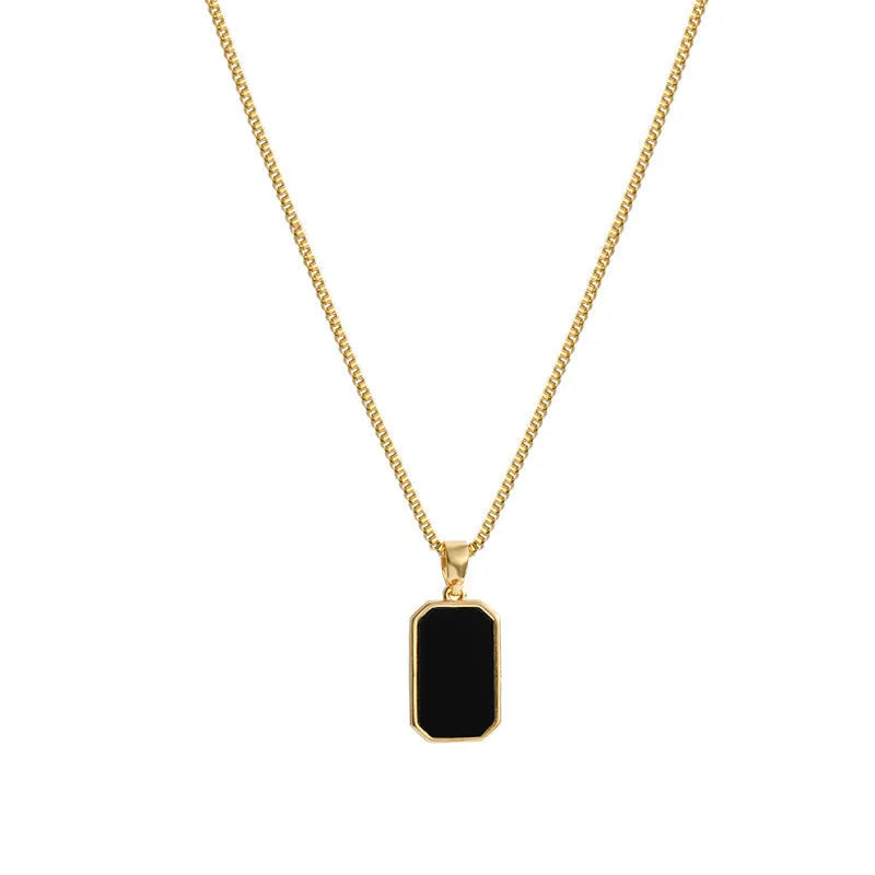 Rectangular pendant necklace 18K gold titanium steel box chain men women small black pendant geometric design