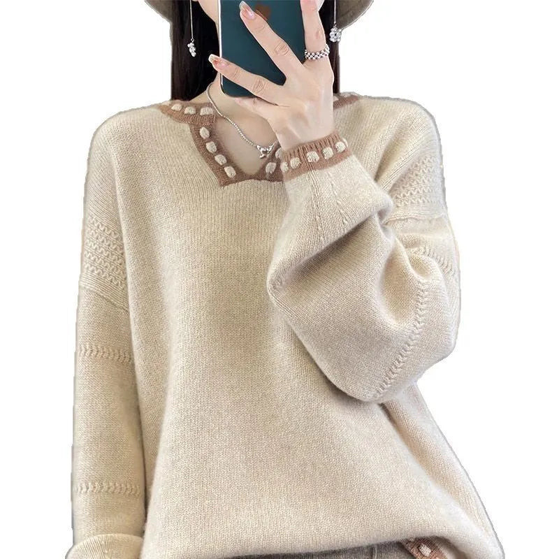 Women's V-neck pullover sweater in camel colour with regular long sleeves