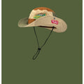 Army green cotton foldable fisherman hat with hand-painted patchwork and flat top crown