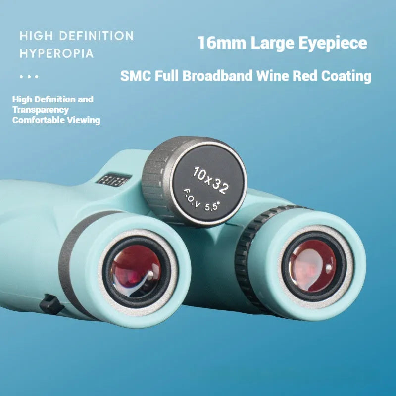 Wine red film imaging bright binoculars in grey or blue colour with 10x32 specification.