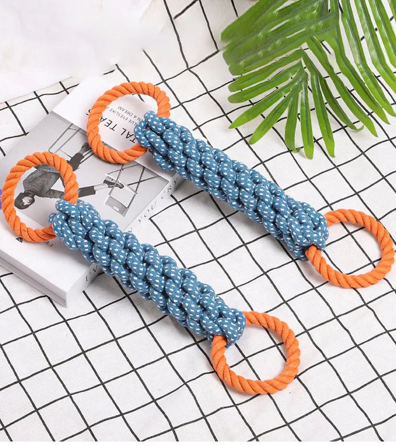 Blue double-ring cotton knot dog toy on white background, 37cm long