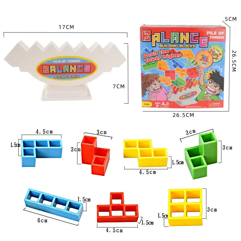 Plastic balance stacking game with 16 colourful building blocks on chassis