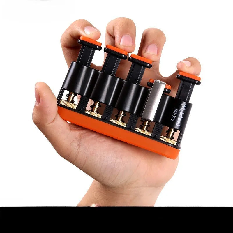 Grey and orange silicone finger strength trainer for musicians and climbers.