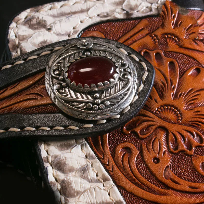 Men's long cow leather wallet with plant flower pattern and buckle closure in brown