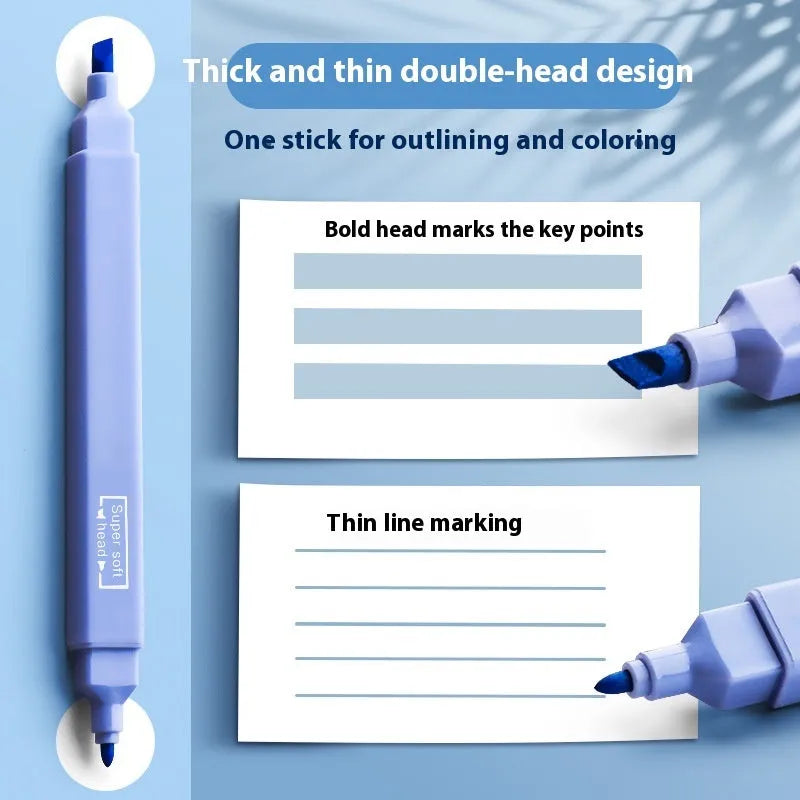 A pack of double-headed fluorescent marker pens showing their two distinct tips, available in mixed colours or themed sets.