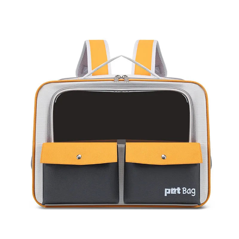 Portable nylon outdoor cat backpack in brown colour with foldable design laid flat